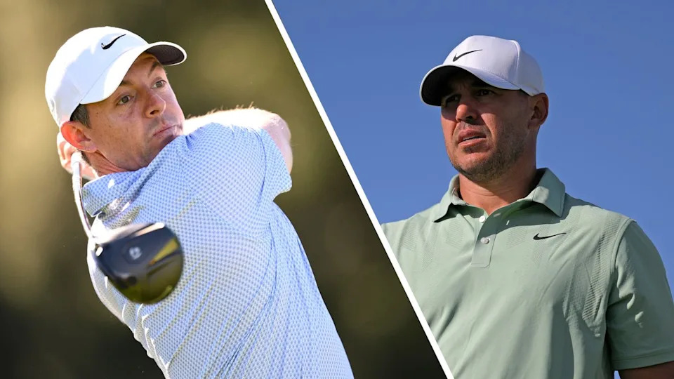 (izquierda) Rory McIlroy golpea a un conductor y Brooks Koepk mira (derecha).