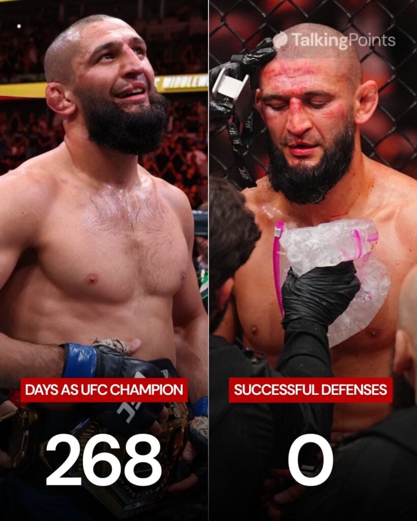 Khamzat Chimaev celebra tras ganar el título en UFC 319 (izquierda) y Khamzat Chimaev reacciona entre rounds en UFC 328 (derecha)